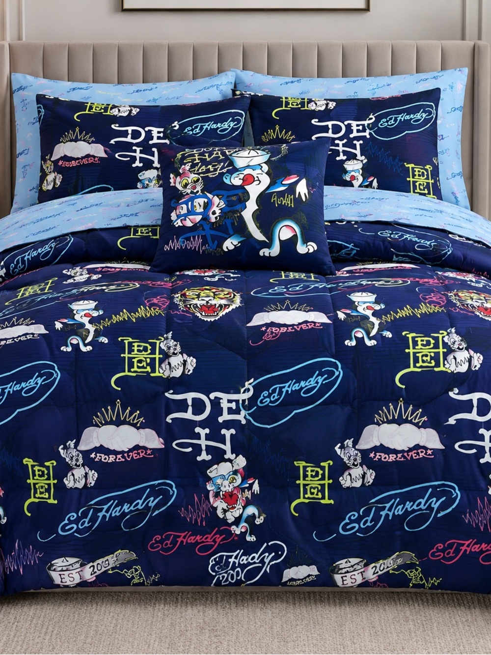 Ed Hardy King 8 Piece Reversible Comforter Bedding Set Navy Blue